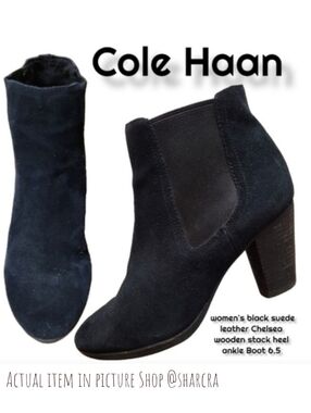Cole Haan Women's Chelsea Boot Black suede Wooden stacked heeled Ankle Boots 6.5